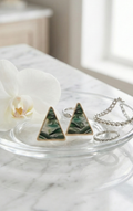 Luxury Green & White Marbled Geometric Triangle Stud Earrings