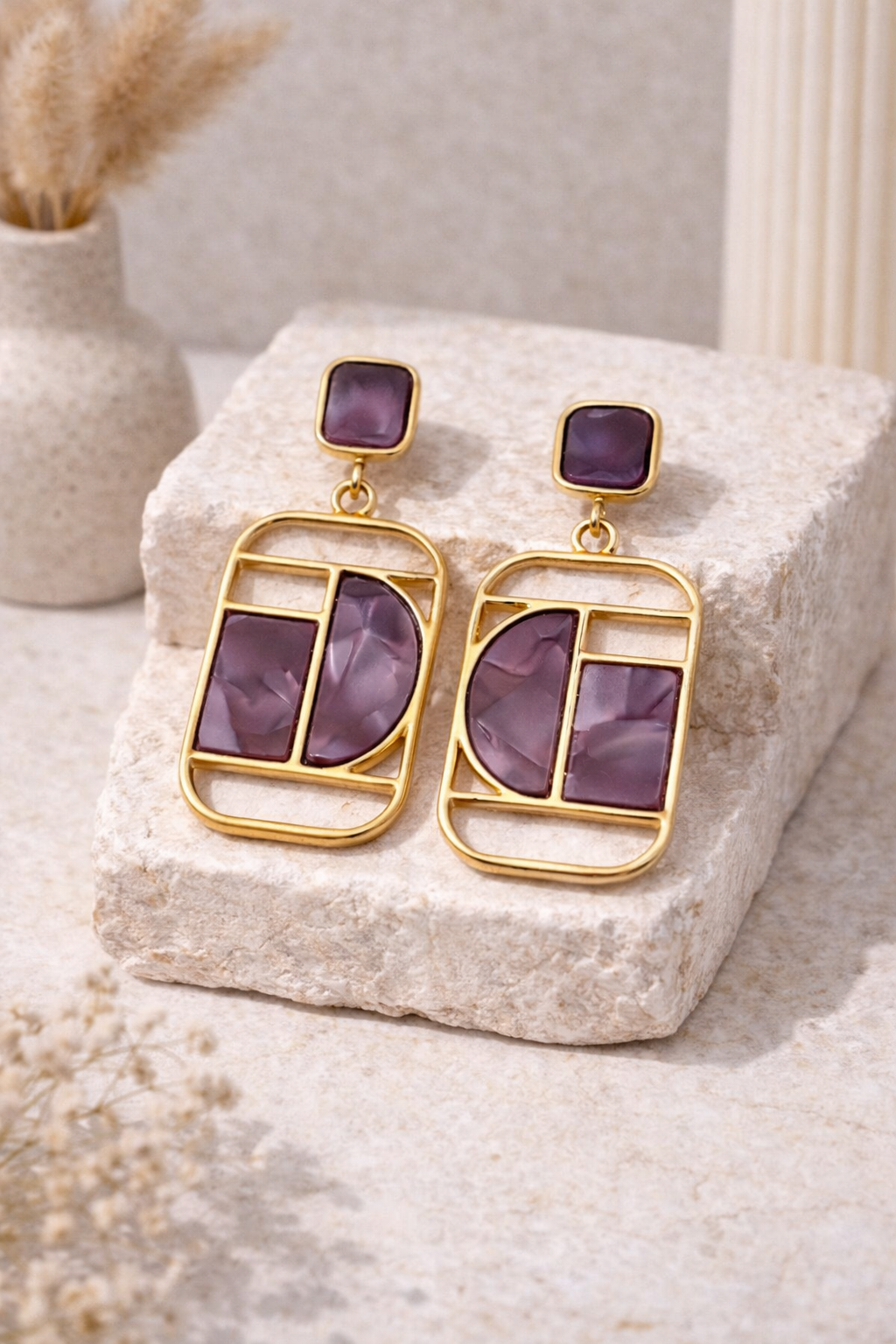 OMID Luxury Mauve Purple Marbled Geometric Square Drop Earrings