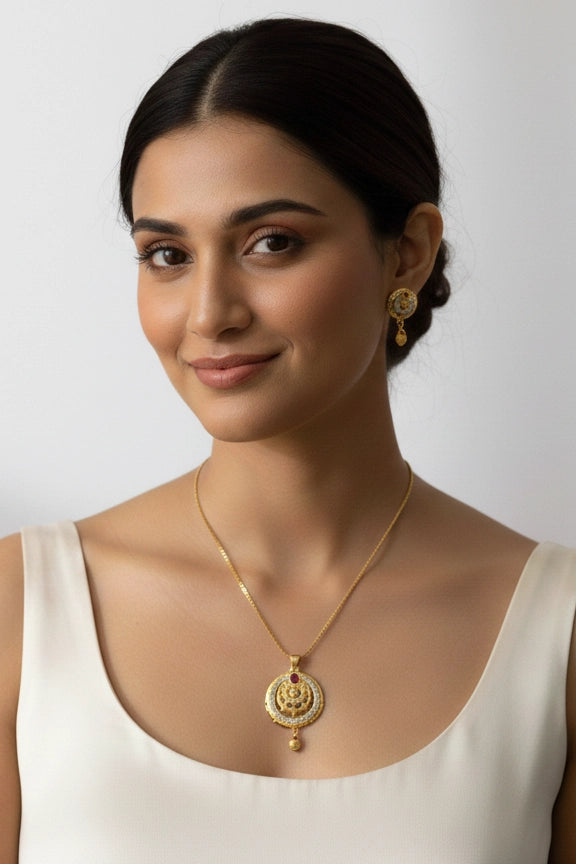 Luxury Gold Plated Oval Filigree Pendant Necklace Set with Ruby Accent