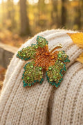 Handcrafted Green & Gold Beaded Floral Leaf Brooch Pin – Vintage-Inspired Statement Jewelry