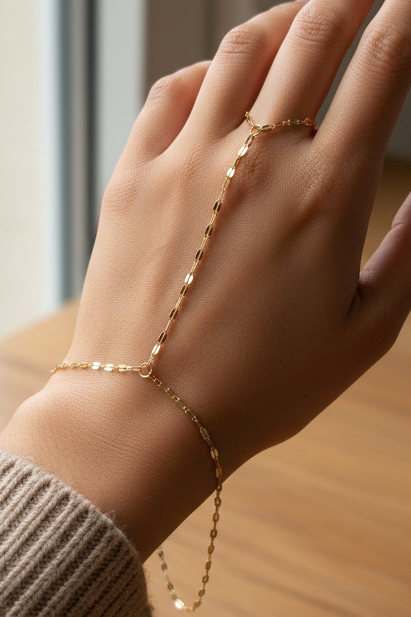 Elegant Gold Hand Chain Bracelet with Ring | Minimalist Adjustable Slave Bracelet for Women