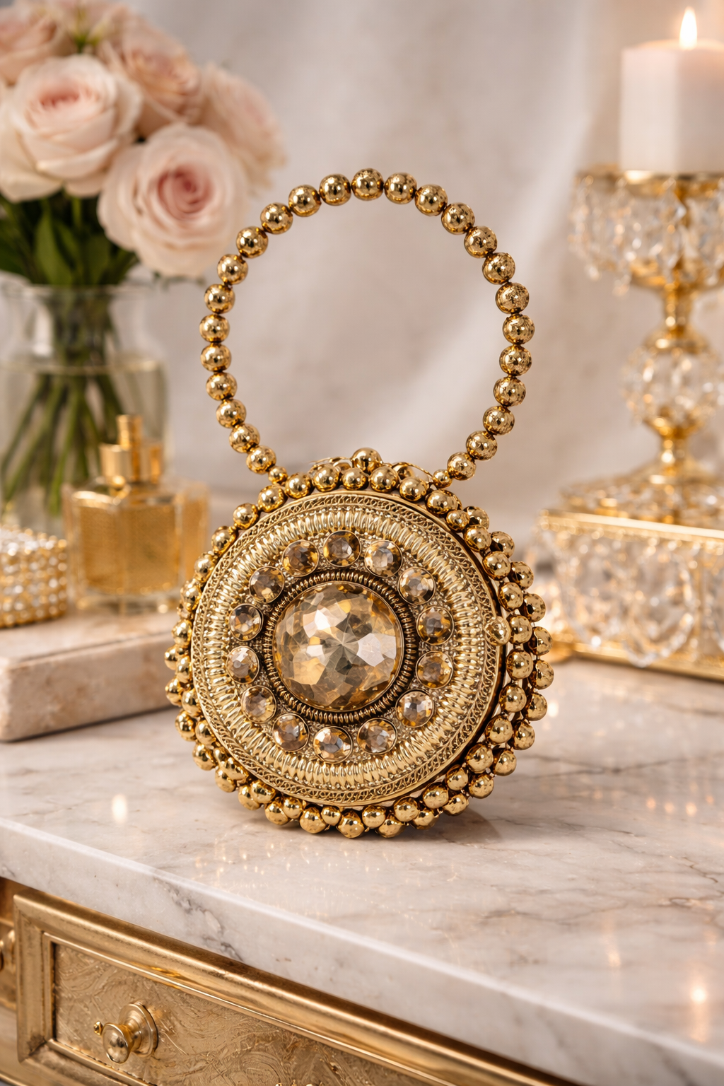 OMID Luxury Antique Gold Beaded Medallion Cocktail Bag