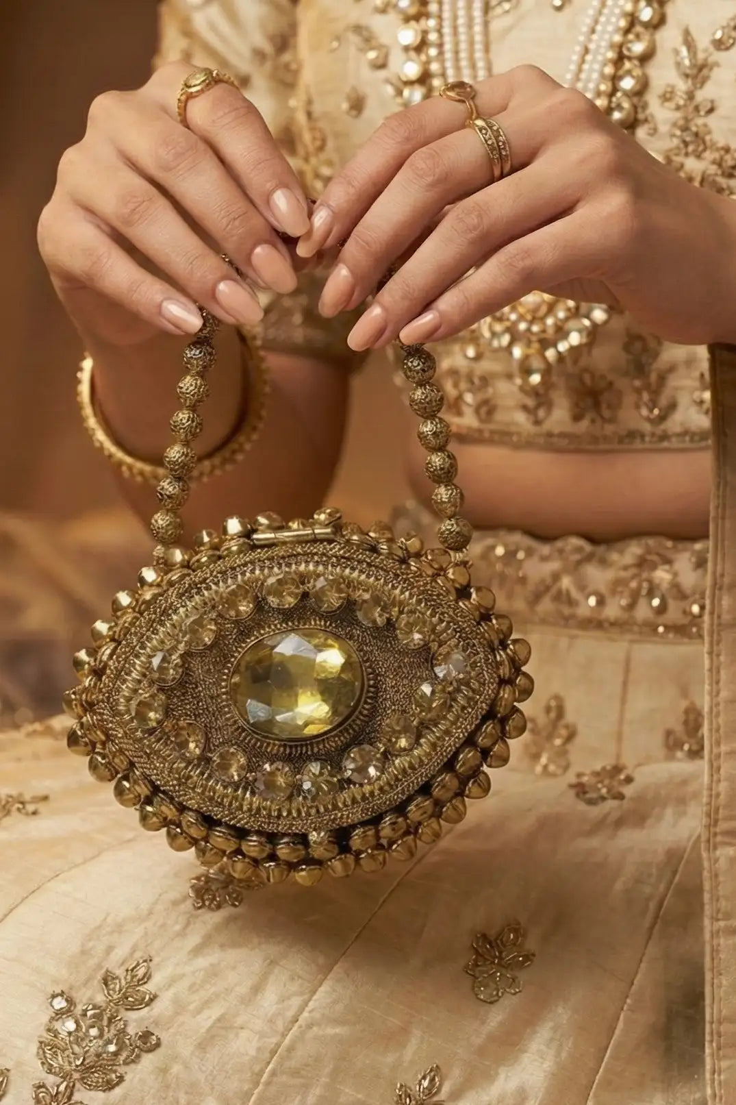 OMID Luxury Antique Gold Beaded Oval Cocktail Bag with Champagne Stone
