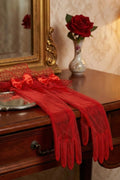 Women’s Elegant Red Lace Gloves with Bowknot – Vintage Mesh Wrist Length Party & Evening Gloves