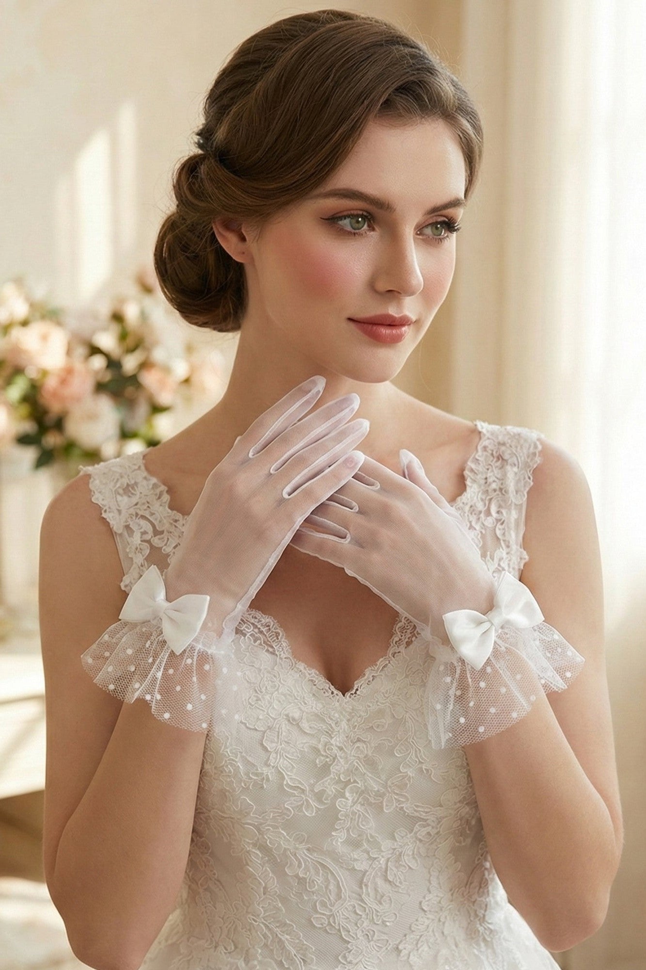 Elegant White Lace Bowknot Finger Gloves for Women | Bridal & Party Wear Gloves