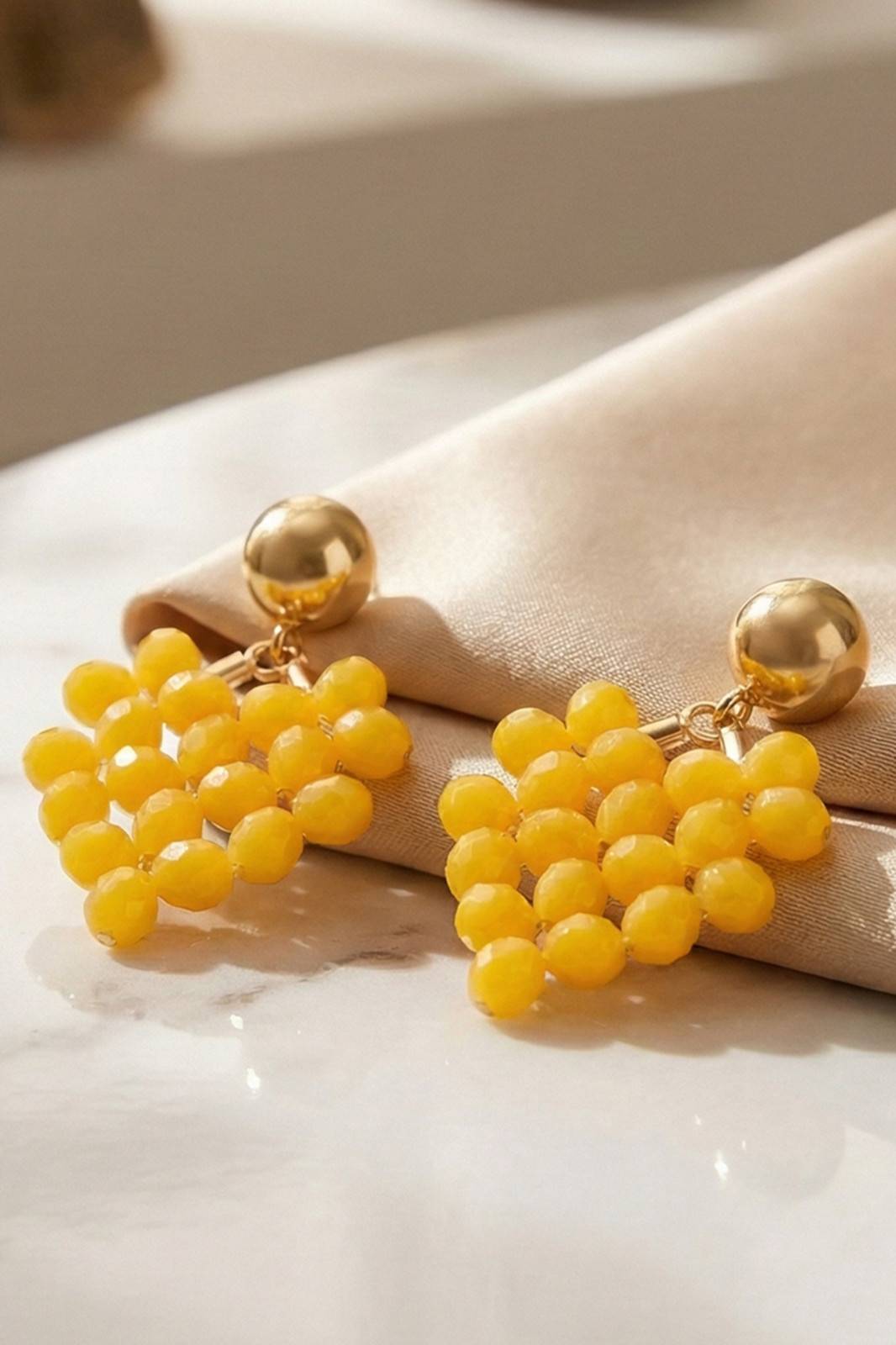 Yellow Beaded Cluster Drop Earrings with Gold-Tone Studs