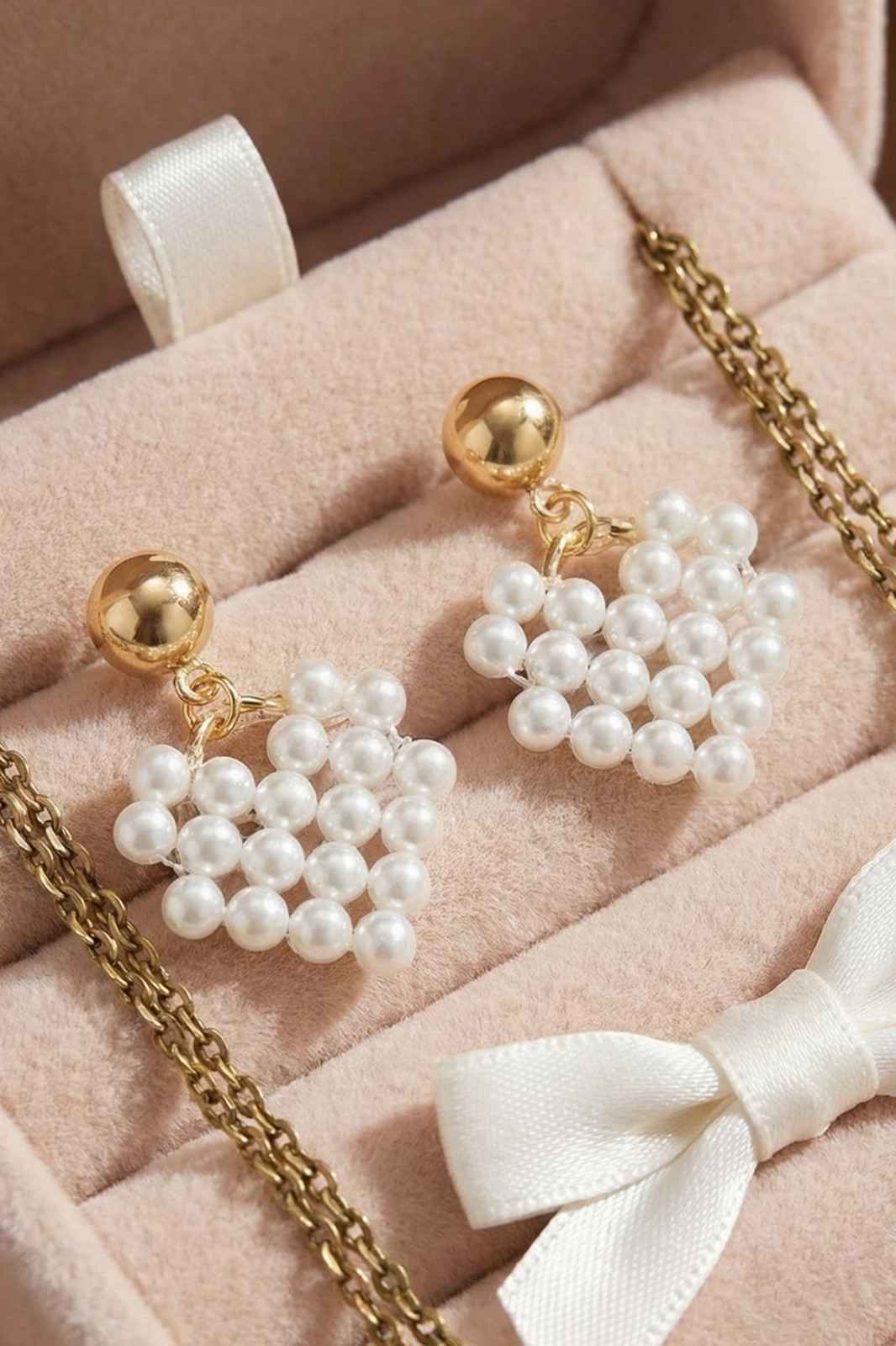 White Beaded Cluster Drop Earrings with Gold-Tone Studs