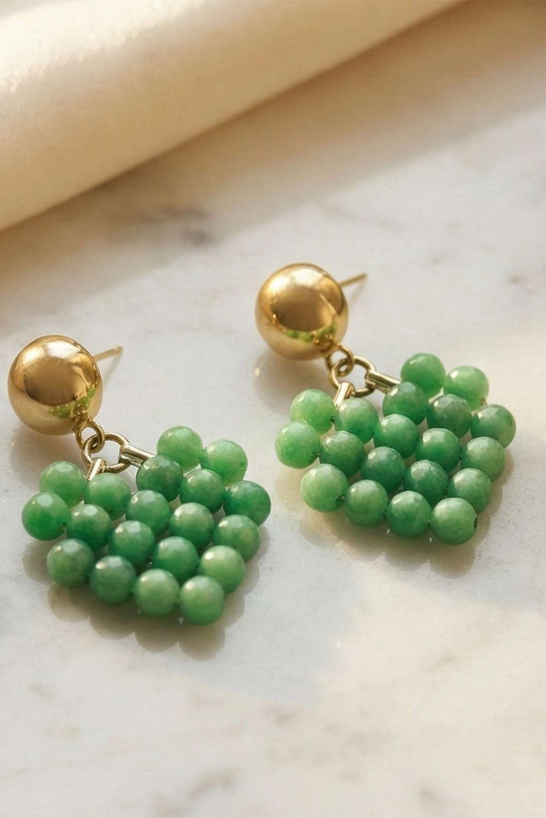 Green Beaded Cluster Drop Earrings with Gold-Tone Studs