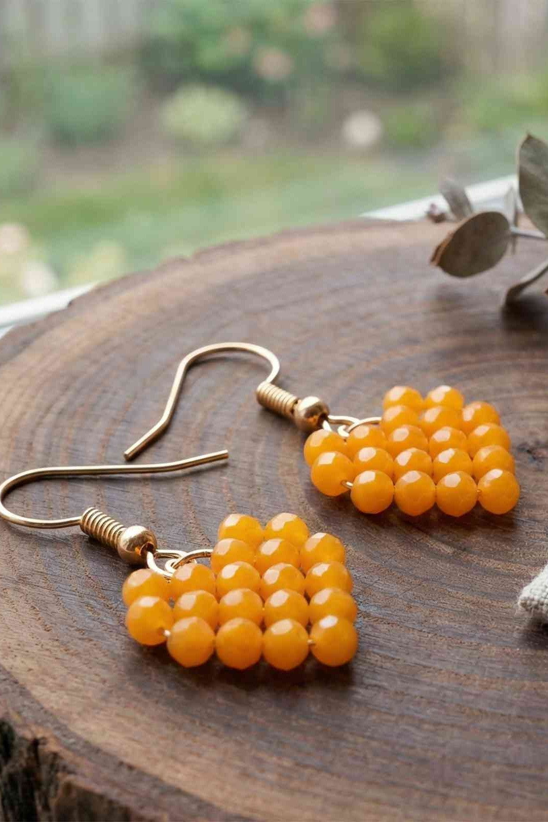 Handmade Yellow Beaded Heart Dangle Earrings for Women & Girls