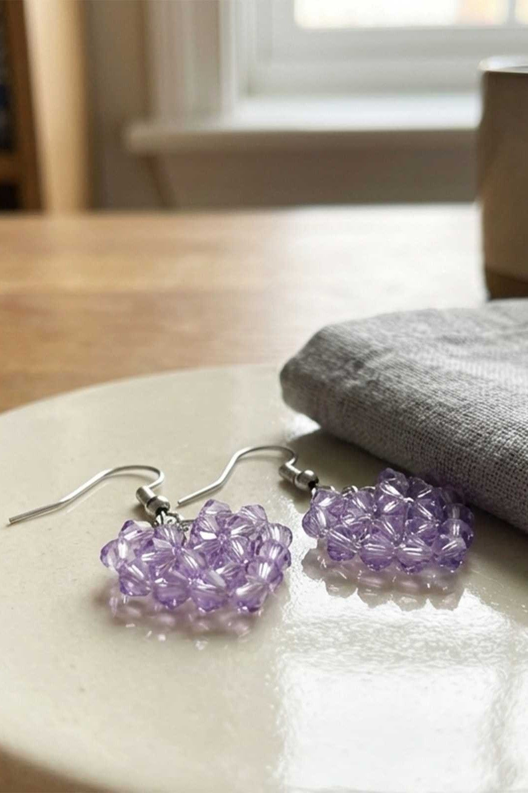 Handmade Purple Beaded Heart Dangle Earrings for Women & Girls