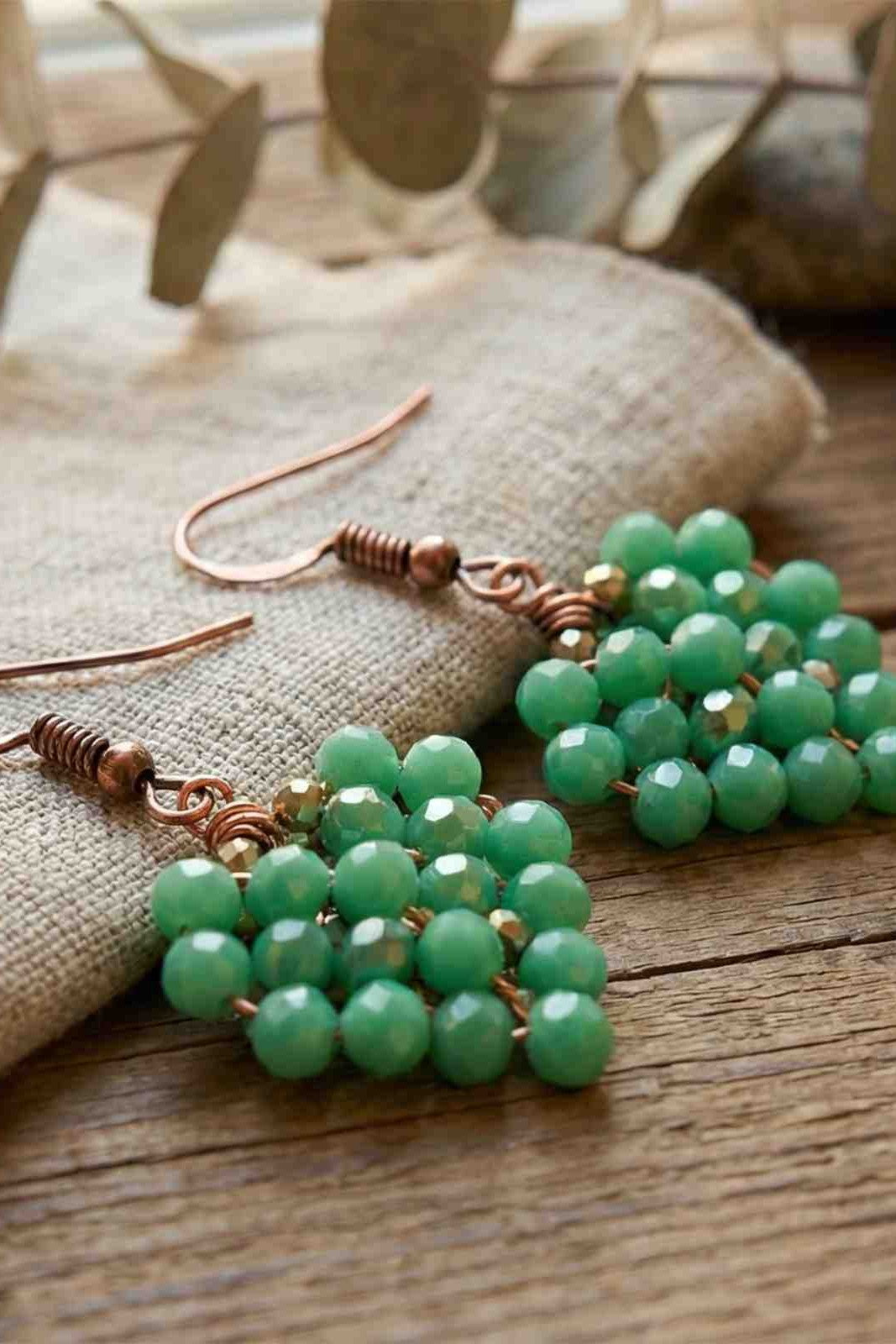 Handmade Green Beaded Heart Dangle Earrings for Women & Girls