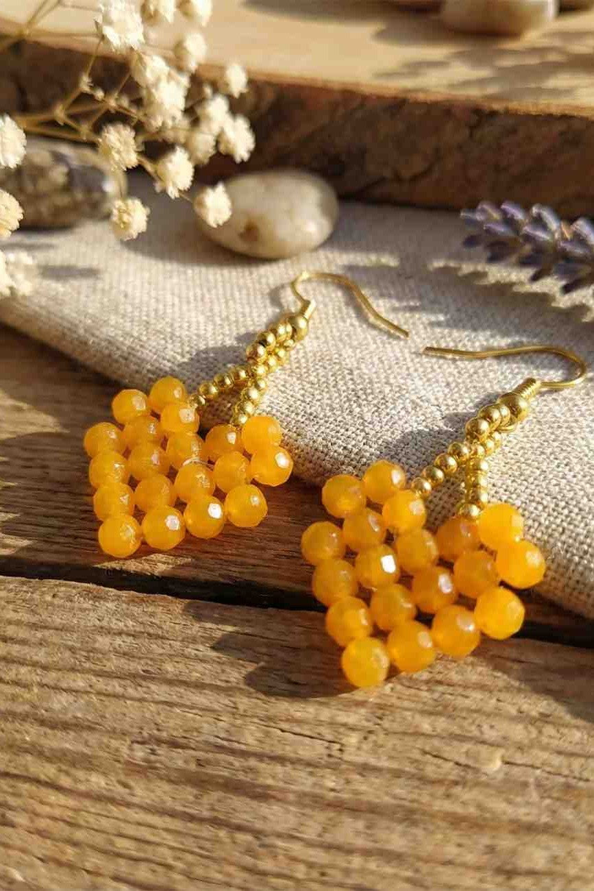 Orange Beaded Drop Earrings in Gold Tone
