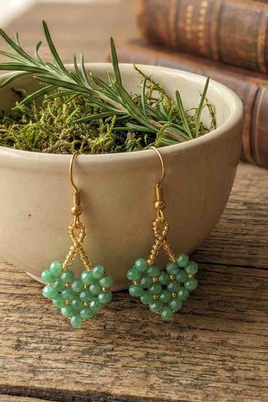 Handcrafted Green Pearl Drop Earrings with Gold-Tone Hooks