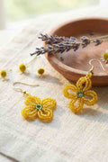 Handcrafted Amber Beaded Flower Drop Earrings with Green Accent Stones