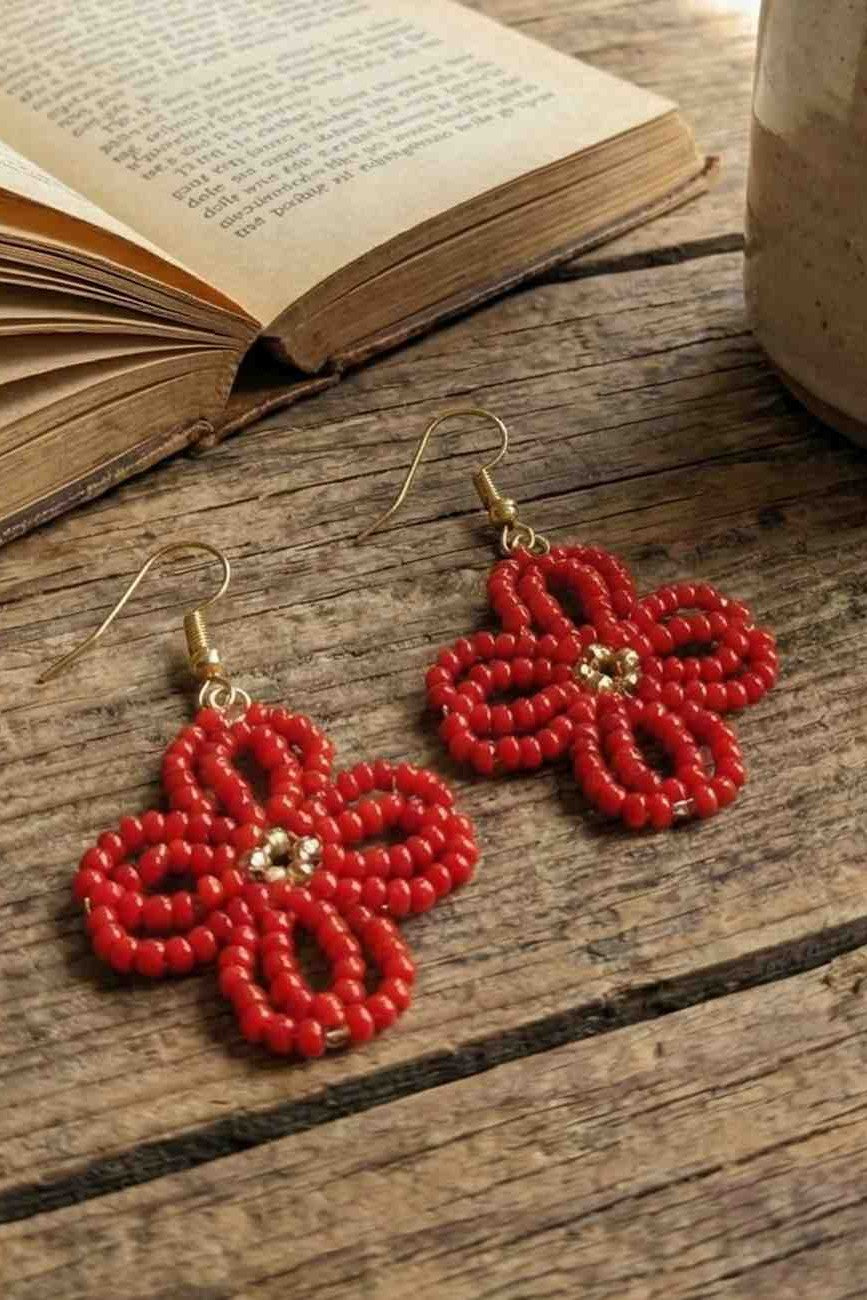 Red Beaded Flower Drop Earrings with Gold Hooks
