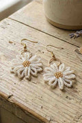 Handcrafted White Beaded Daisy Drop Earrings with Gold Tone Hooks