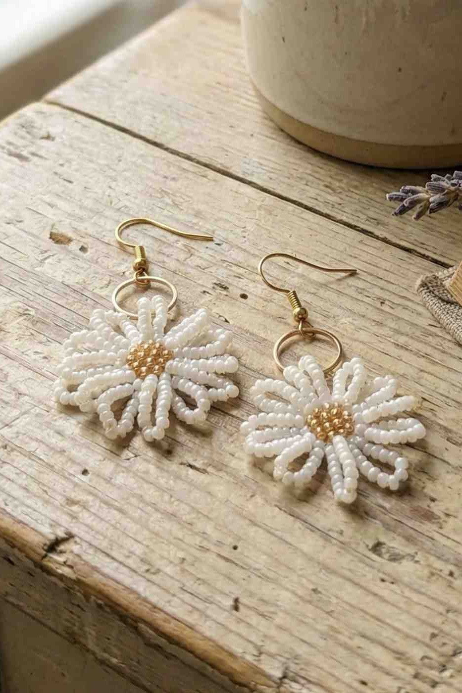 Handcrafted White Beaded Daisy Drop Earrings with Gold Tone Hooks