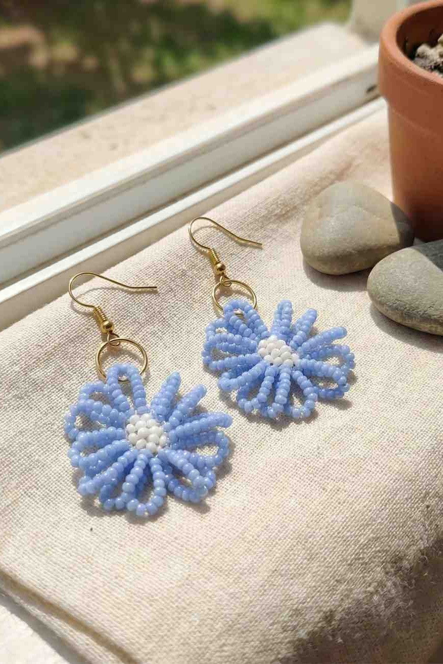Handmade Blue Seed Bead Flower Drop Earrings with Gold Hooks.