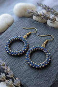 Handmade Blue Seed Bead Hoop Drop Earrings with Gold Hooks.