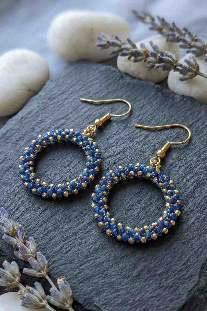 Handmade Blue Seed Bead Hoop Drop Earrings with Gold Hooks.