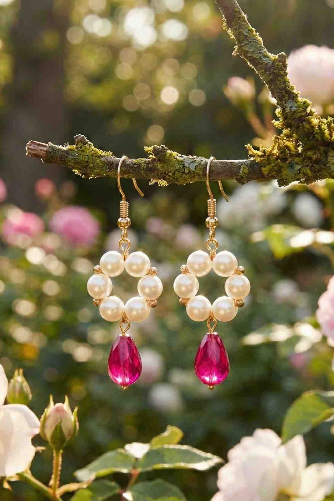 Elegant Gold Pearl Hoop Drop Earrings with Pink Teardrop
