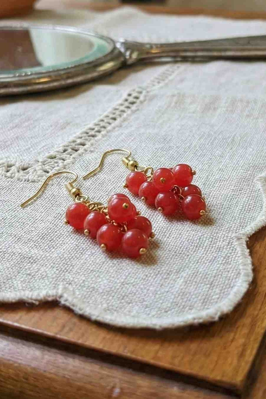 Elegant Gold-Plated Red Bead Cluster Drop Earrings - Handcrafted Fashion Jewelry