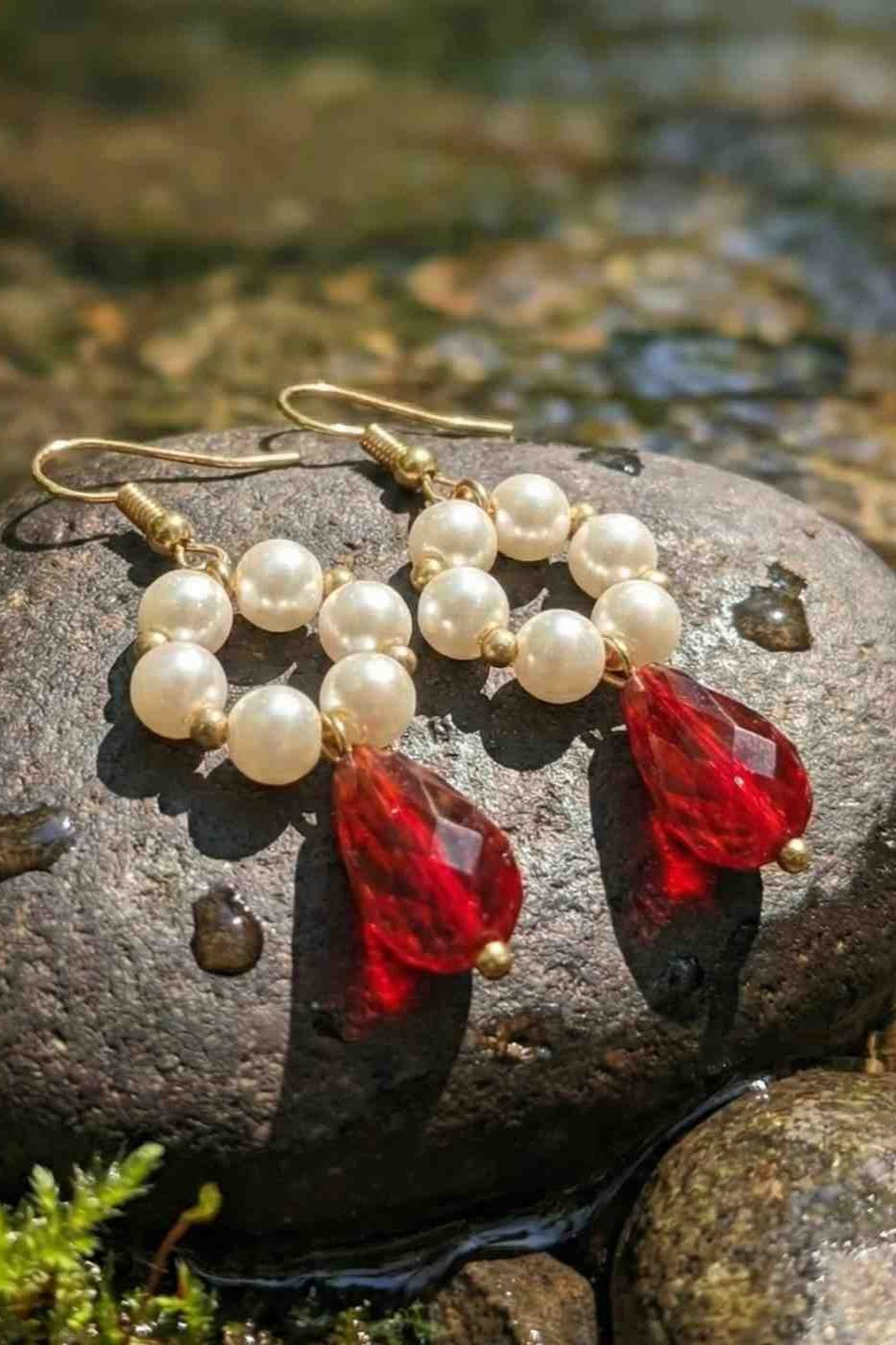 Elegant Gold Pearl Hoop Earrings with Red Teardrop Drops