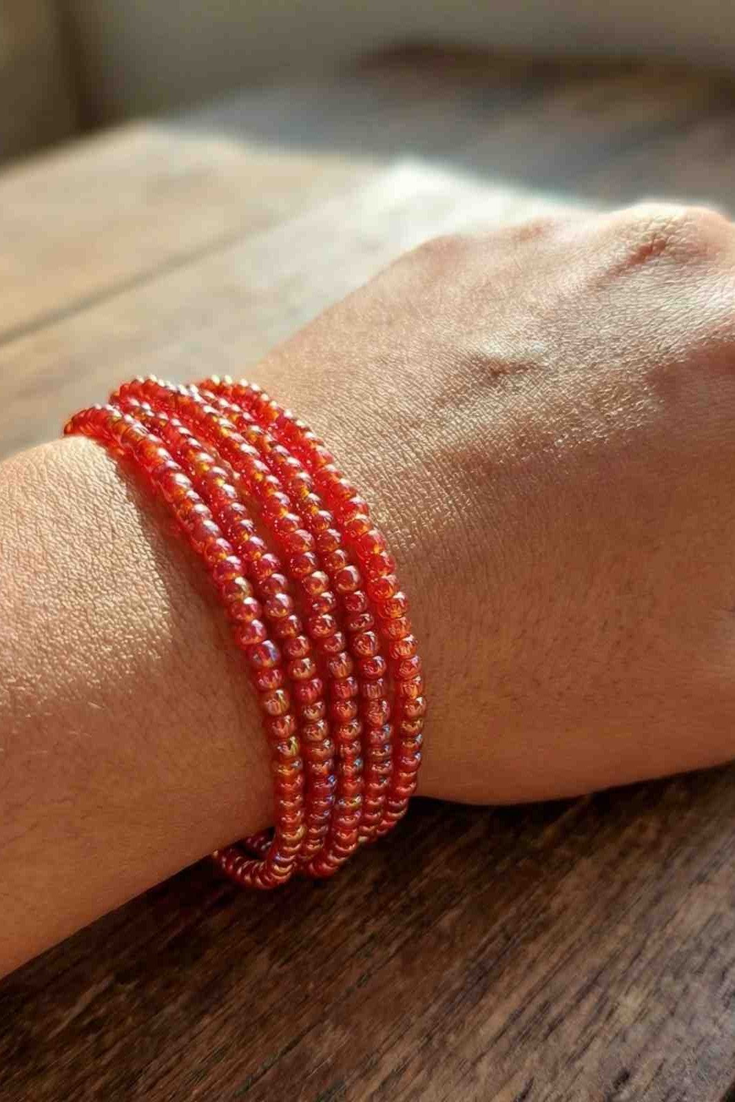 Multi-Strand Iridescent Red Beaded Bracelet - Fashionable Seed Bead Jewelry