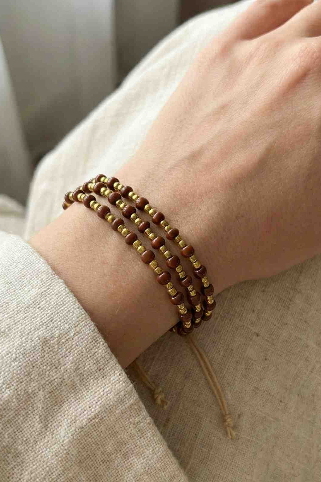 Handcrafted Brown & Gold Beaded Adjustable Bracelet