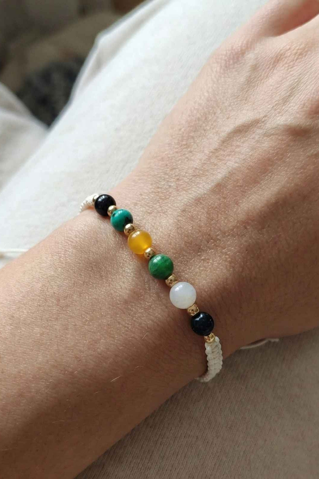 Seven Chakra Multi-Gemstone Braided Bracelet - White Cord with Gold Accents