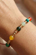 Red Cord Multi-Gemstone Bracelet with Gold Beads - Jade, Turquoise, Carnelian & Onyx