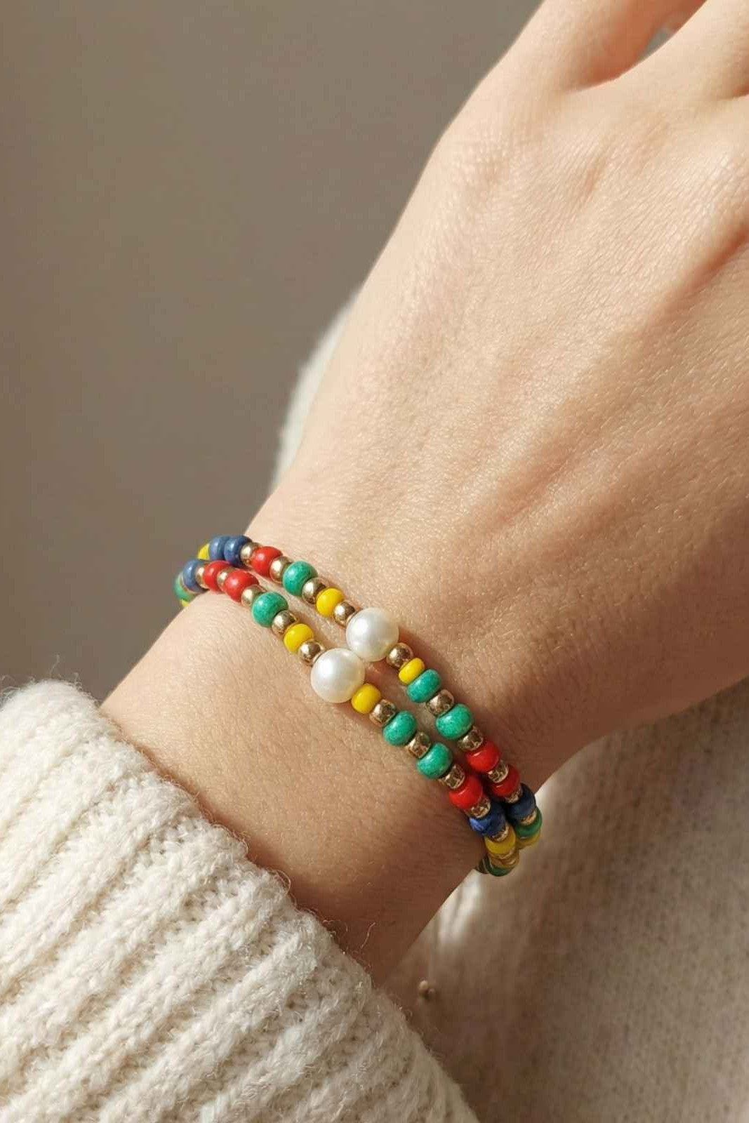 Colorful Multi-Strand Beaded Bracelet With Pearl Accent - Adjustable Cord Wrap
