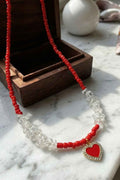 Red Coral Beads and White Pearl Heart Pendant Necklace
