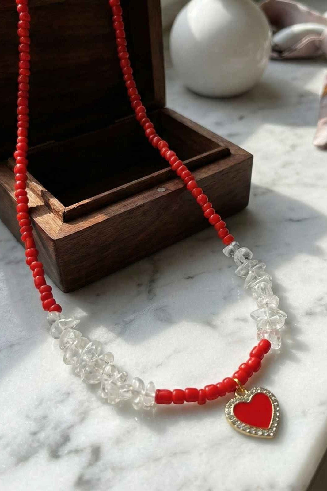 Red Coral Beads and White Pearl Heart Pendant Necklace