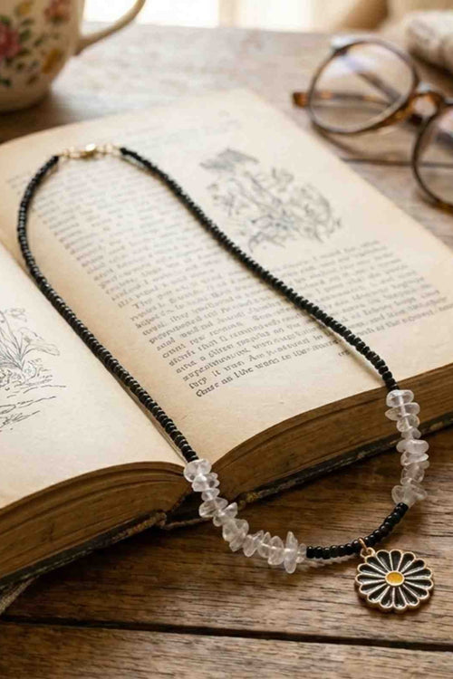 Black Coral Beads and White Pearl Flower Pendant Necklace