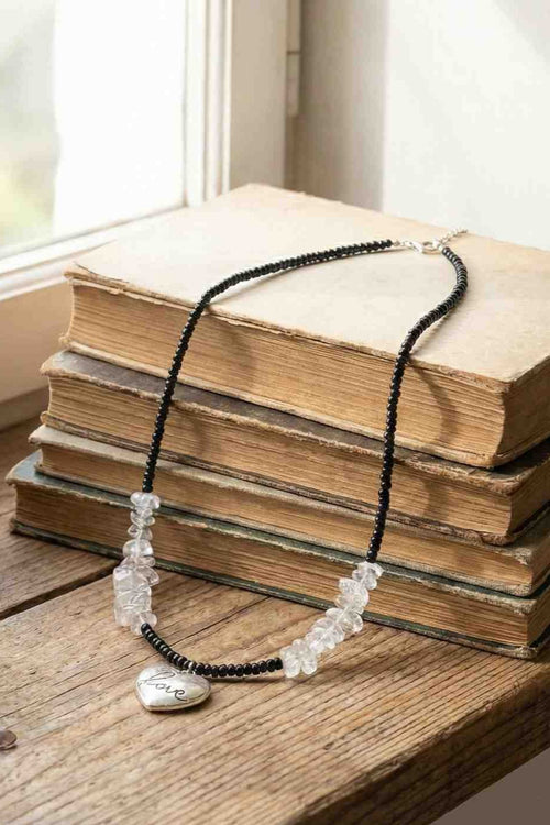 Black Beaded Necklace with Clear Crystal Chips and Oval Stone Pendant for Women