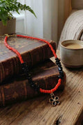 Red Coral and Black Onyx Beaded Necklace With Flower Pendant