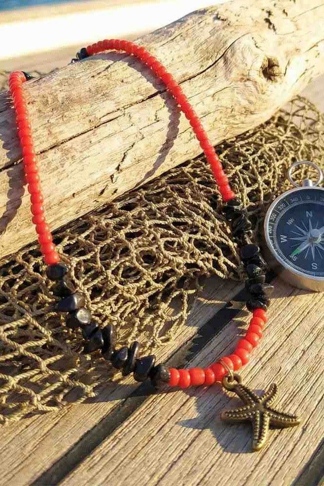 Red Coral and Black Onyx Beaded Necklace With Star Pendant
