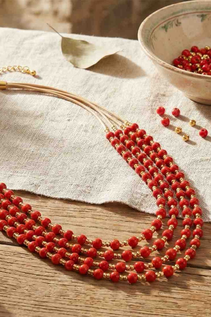 Multi Layer Red Beaded Necklace for Women and Girls