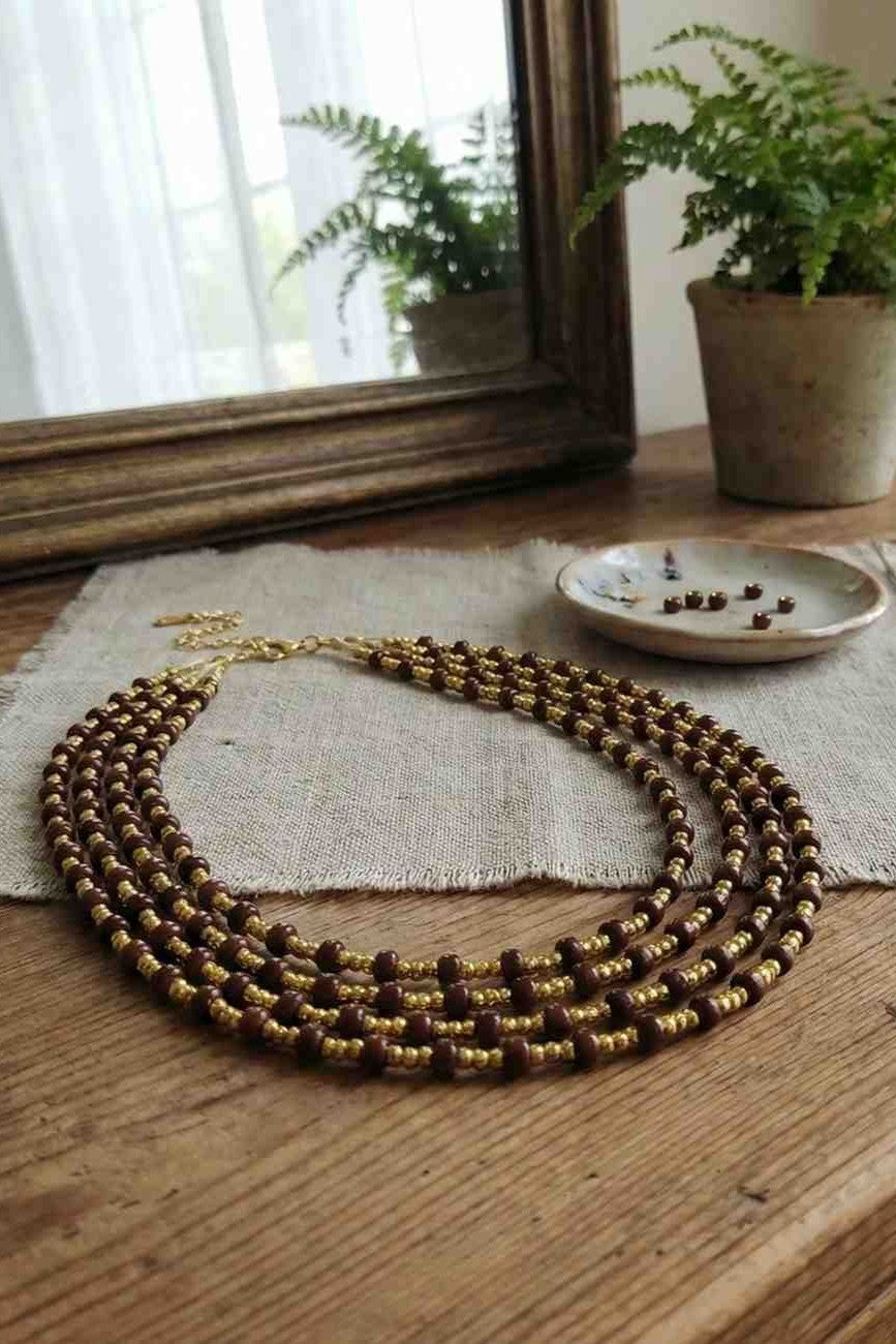 Multi Layer Brown Beaded Necklace for Women and Girls