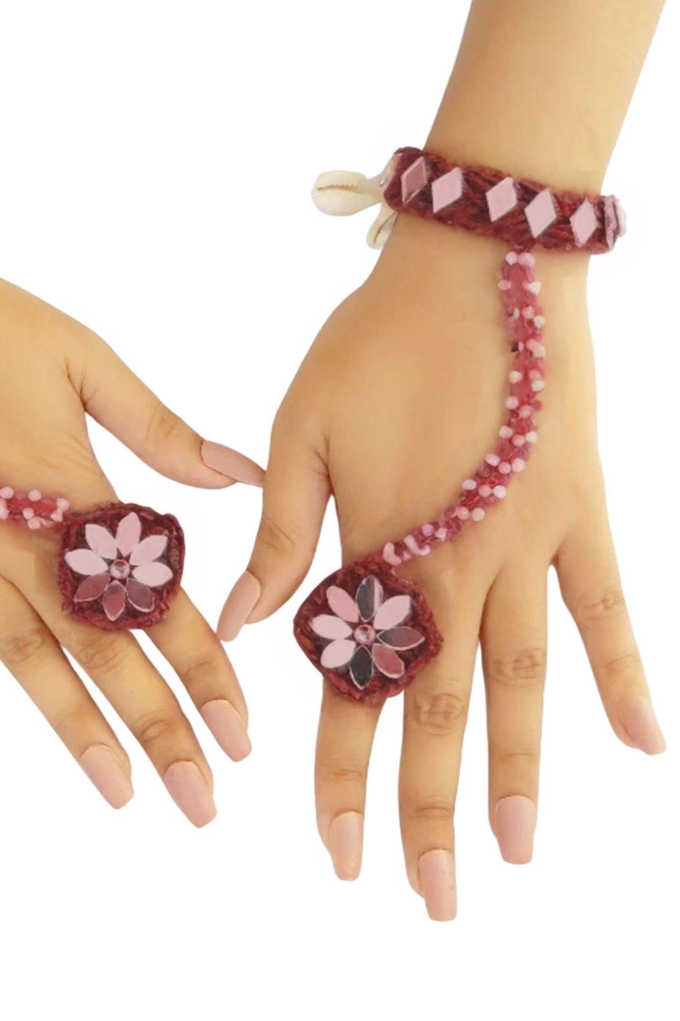 OMID, Personalized Designer Maroon & Pink Floral Beaded Haathphool | Adjustable Hand Harness Bracelet for Women & Girls