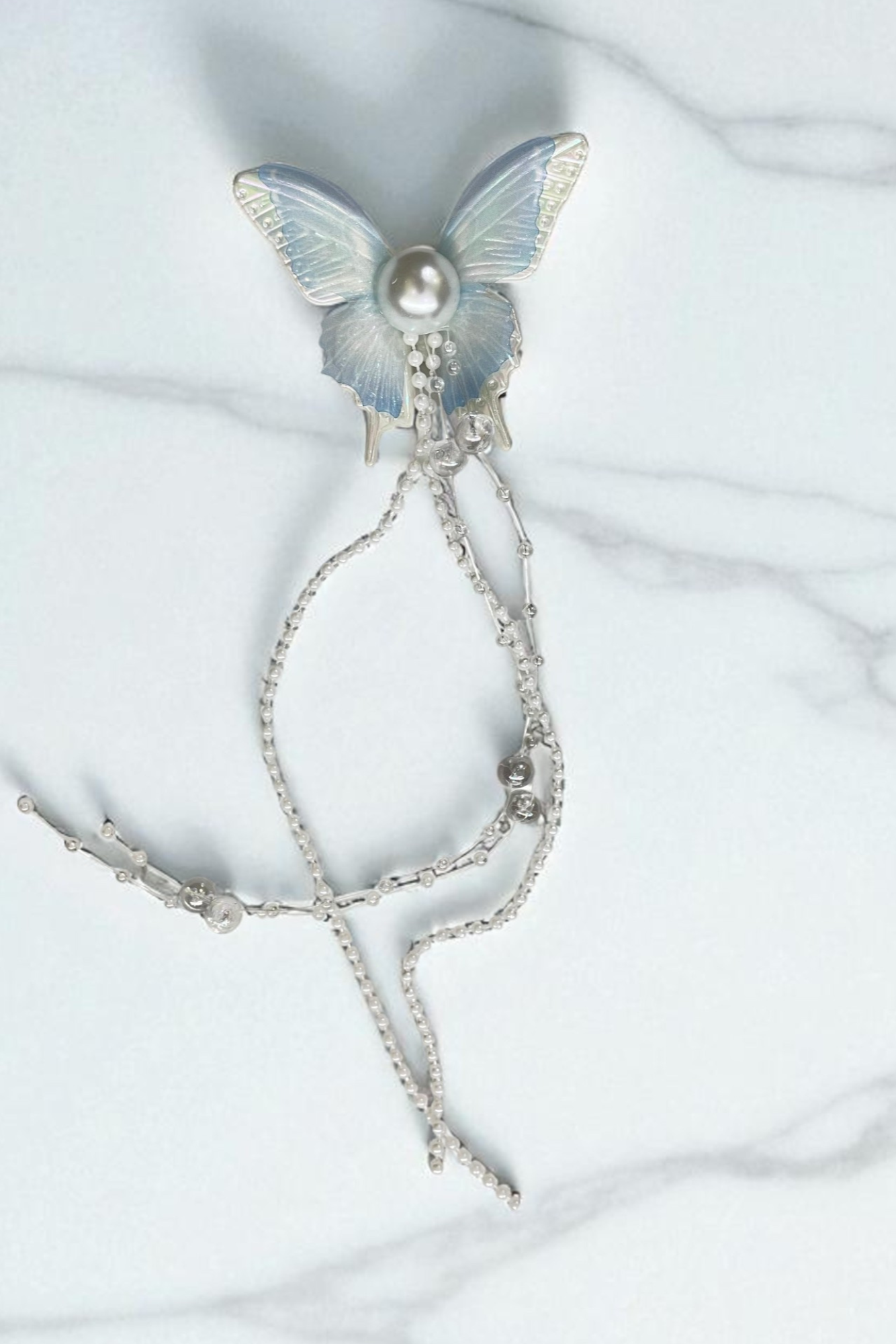 OMID, Elegant Pearl Butterfly Hair Clip for Kids – Shiny Iridescent Wings, Silver Chain, Non-Slip, Dressy Hair Accessory for Girls
