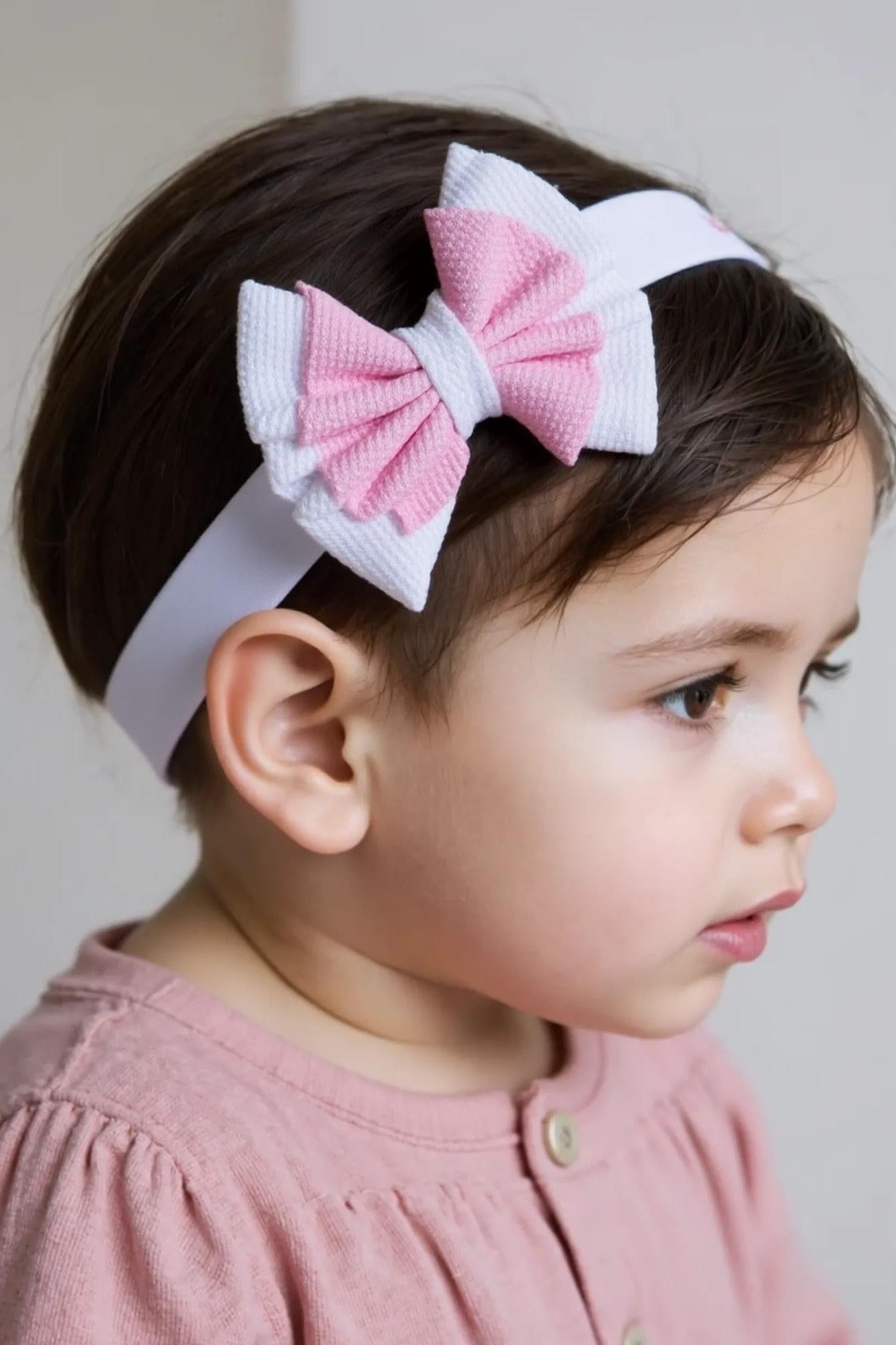 OMID, Soft Stretchy Baby Headband with Large Pink and White Bow | Newborn, Infant, Baby Girl Hair Accessory | Comfortable Adjustable Elastic