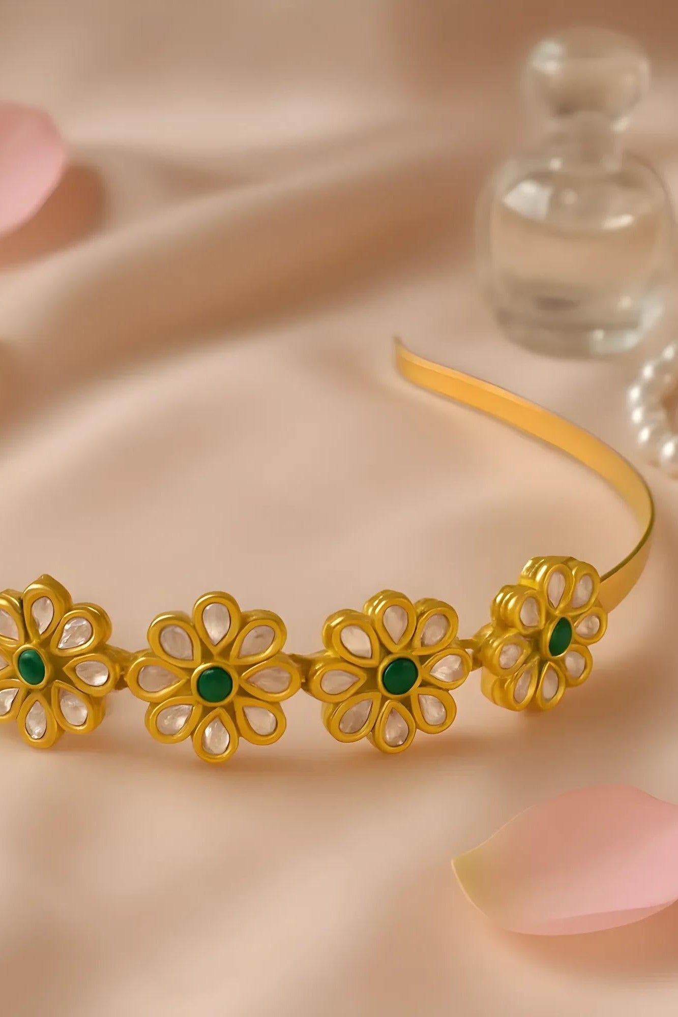 OMID, Gold-Plated Designer Floral Headband for Women & Girls – Kundan Style Hair Accessory with Green Center Stones