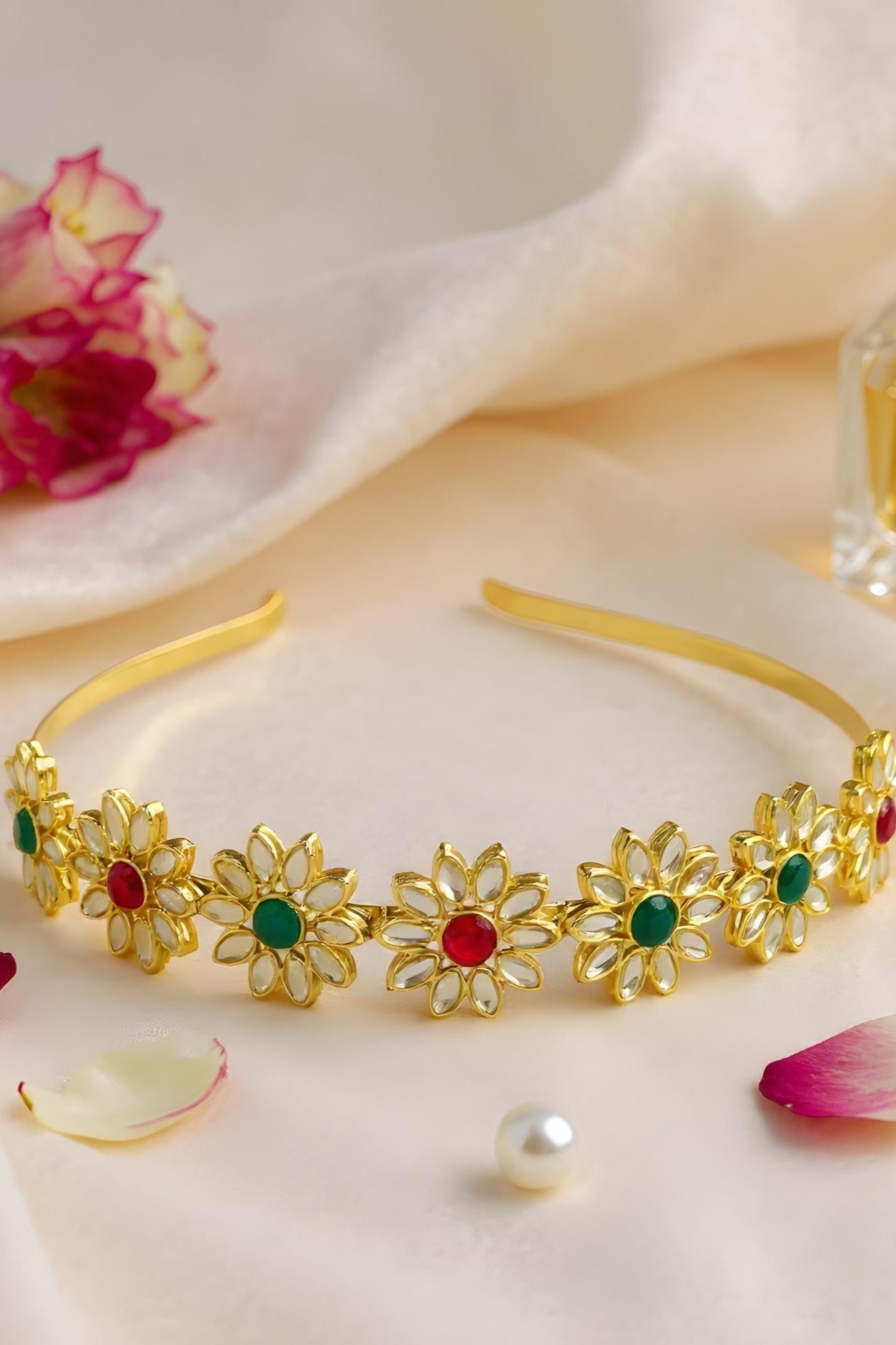 OMID, Gold-Plated Floral Headband with Red & Green Stones, Elegant Flower Design Hair Accessory for Women & Girls