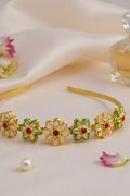 OMID, Golden Floral Red Stone-Studded Headband for Women – Traditional Indian Wedding & Party Hair Accessory