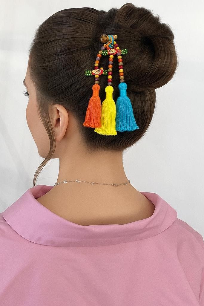 OMID, Handcrafted Parandi for Hair – Colorful Punjabi Traditional Braid Accessory with Wooden Beads, Multicolor Tassels & Hand-Painted Birds for Festive Wear, Weddings & Gifting