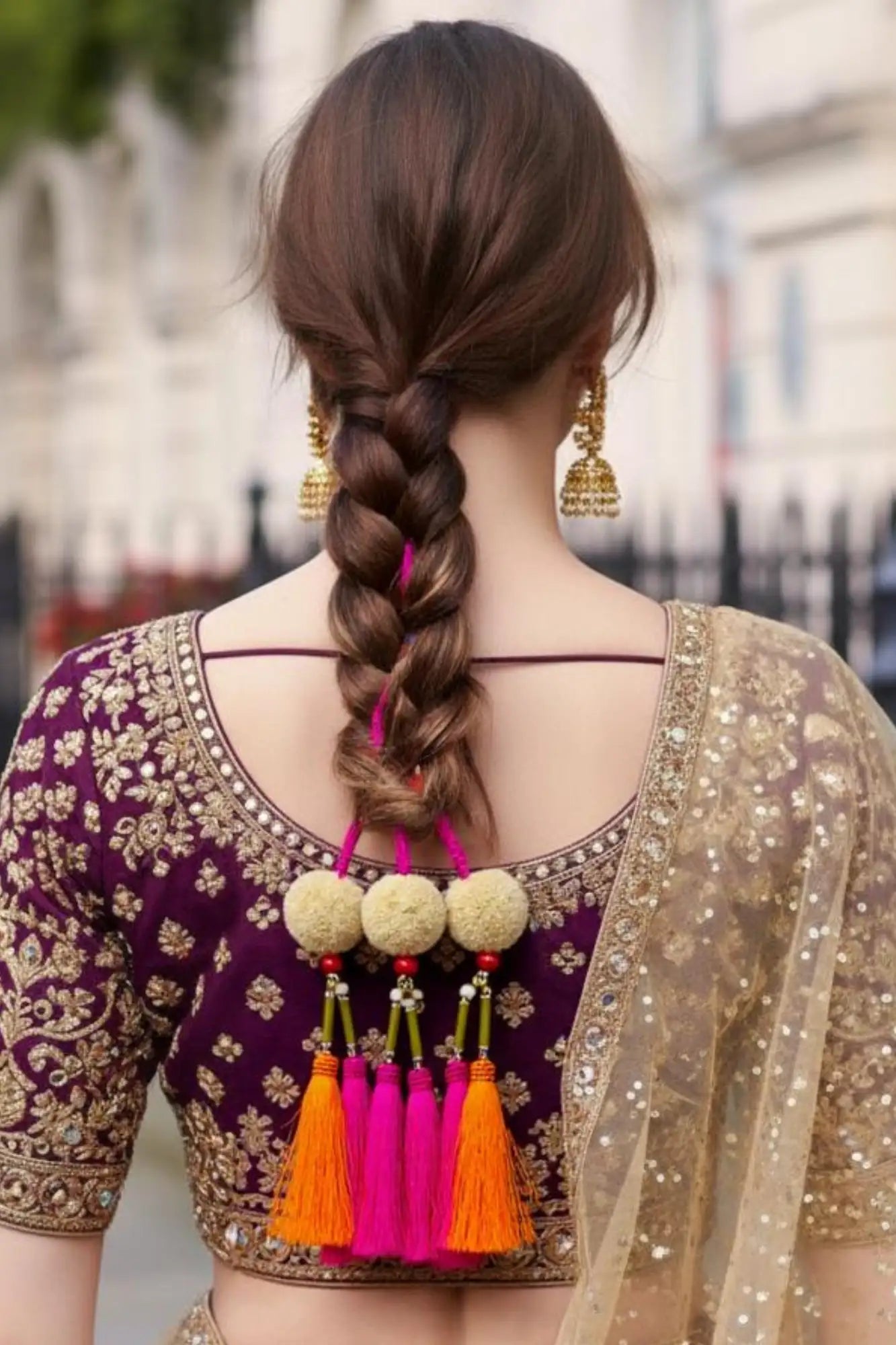 OMID, Traditional Parandi Hair Accessory for Braids – Vibrant Pom Pom Design with Pink & Orange Tassels – Ethnic Indian Hair Extension for Women & Girls