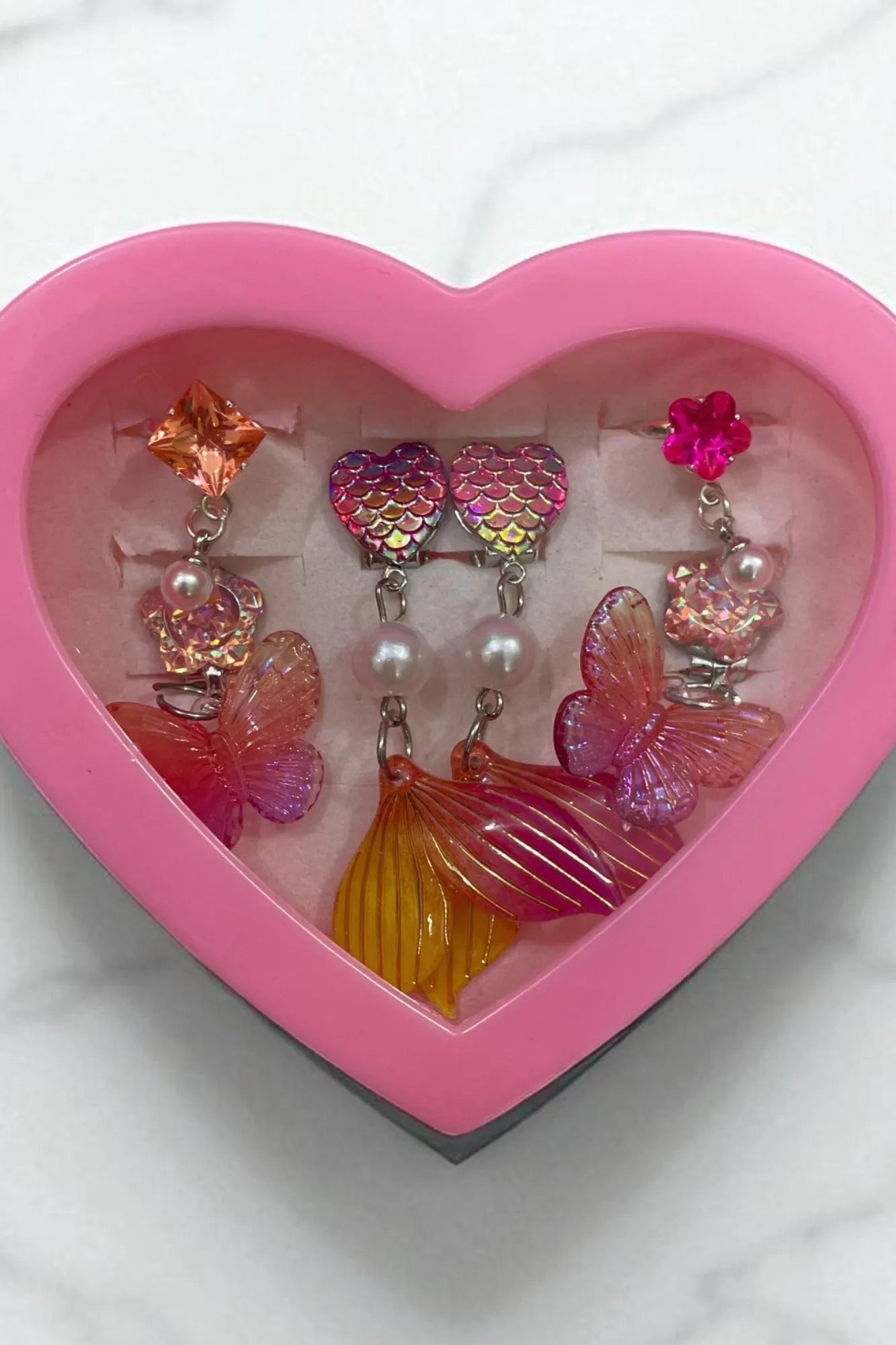 OMID, Girls Fashion Earrings & Rings Set of 4Pc Cute Mermaid & Butterfly Design Jewelry in Heart Gift Box | Pretend Play, Dress-Up & Party Favors for Kids (Multicolor)
