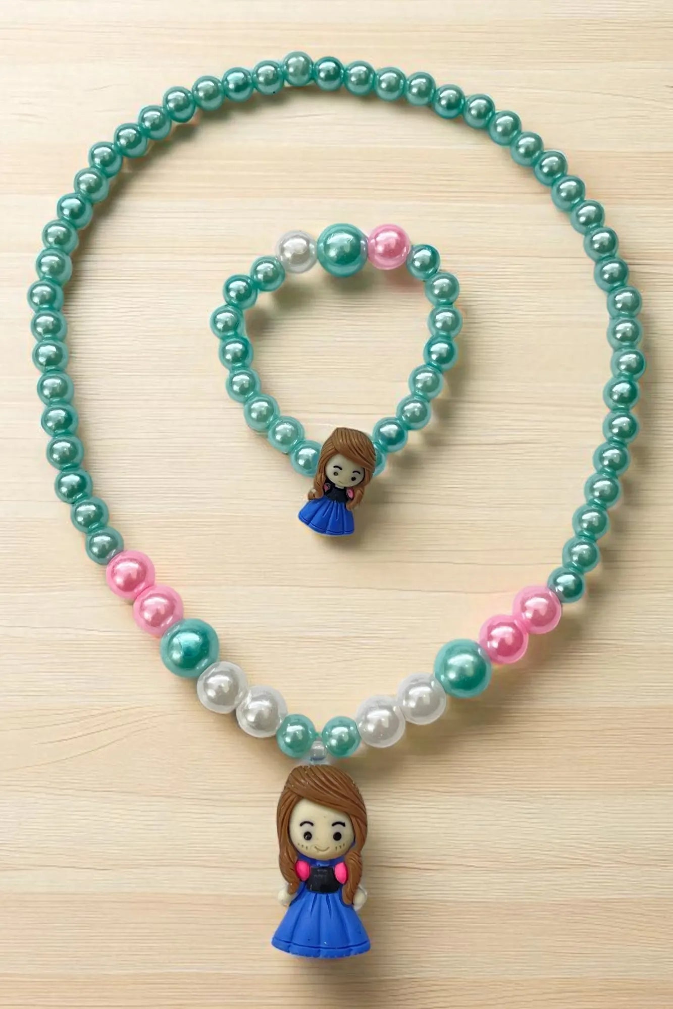 OMID, Kids Girls Beaded Jewelry Set – Cute Doll Pendant Necklace and Bracelet for Toddlers and Little Girls – Multicolor Beads – Dress-Up Accessory